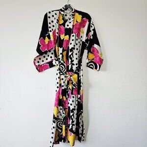 Vtg Diamond Tea 90s Geometric Floral Print Robe Size M Satin Caftan Kimono